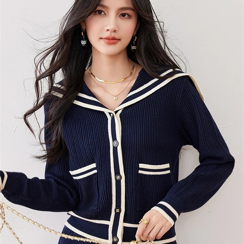 Womens navy blue knitted cardigan in autumn and winter fashionable loose and sweet single chest sailor collar pullover sweater 241209bj