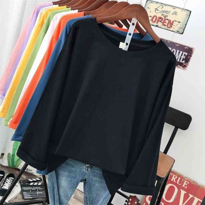Spring and Autumn women's Solid color high quality Long sleeve T-shirt round neck loose Casual Pure cotton Unisex Lovers Clothes 210722