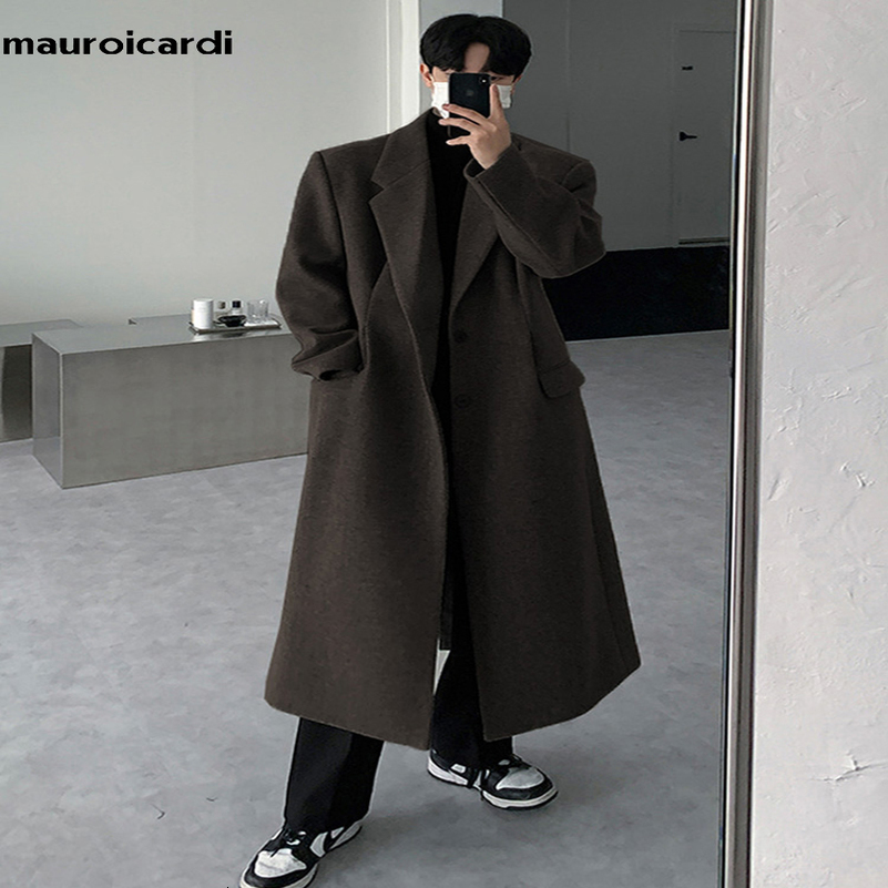 Mauroicardi Autumn Winter Long Thick Warm Soft Fitted Woolen Coat Men Single Breasted Cool Chic Wool Blends Overcoat 250923
