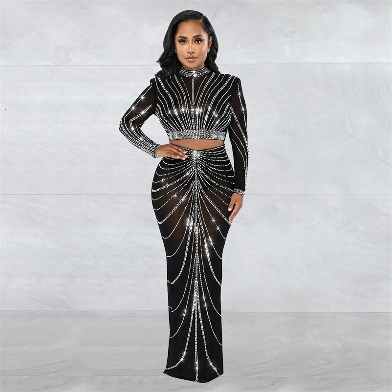 Long Sleeve Mesh Maxi Bodycon Elegant Party Sparkly Rhinestone For Birthday Dress Sexy Club Two Piece Sets Womens Outifits 240517