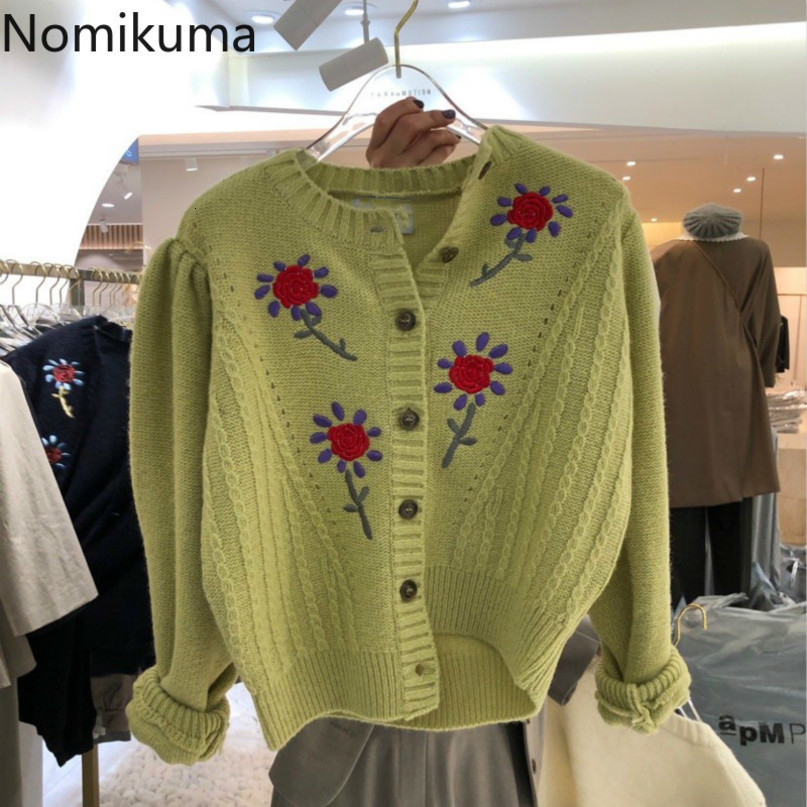 Nomikuma Floral Embroidery Short Knitted Cardigan Korean Long Sleeve O-neck Sweater Autumn Winter New Knitwear Coat 6D418 210427