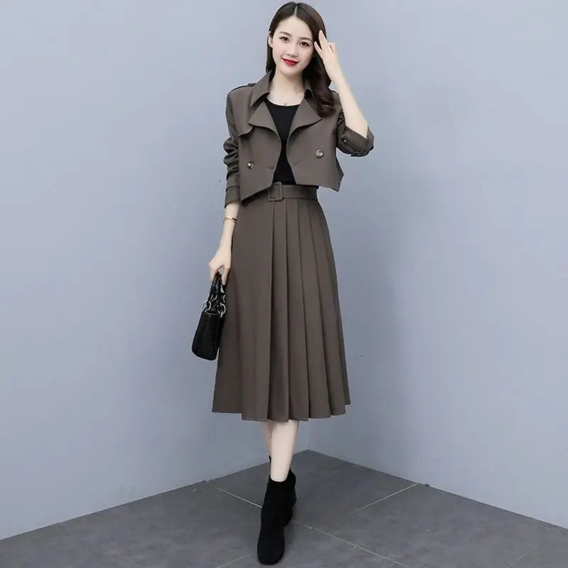 Womens Spring Autumn Chic Short Suit Jacket Matching Set Korean Elegant Blazers Pleated Mid Skirt Two Piece Female Clothing 240704