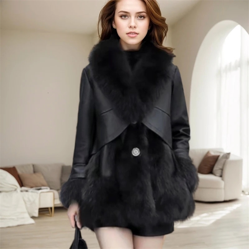 Elegant womens jacket fashionable solid color lapel long sleeved leather patchwork work sweater mid length fur coat 241211Z