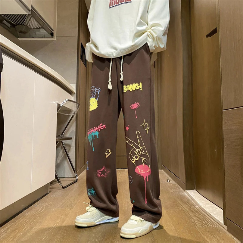American Graffiti Printing Luggage Straight Pants Hombre Y2K Street Clothing Mens Wide Leg Sports Hip Hop Fashion Trousers 240816