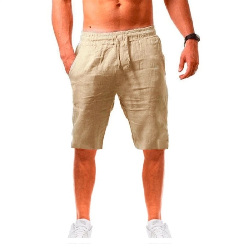 Mens Cotton Linen Shorts Pants Male Summer Breathable Solid Color Trousers Fitness Streetwear Lace up Bottoms y250226Z