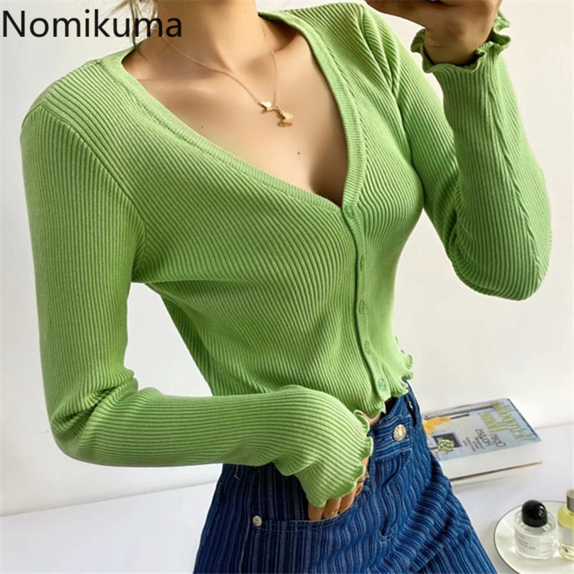 Nomikuma Autumn Fashion Women Sexy Tops Solid Buttons Slim Casual Long Sleeve Cardigan Knitted Tops Sweater Crop Tops 6C143 210427
