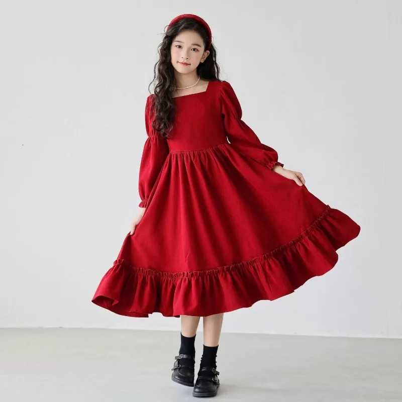 2025 New Arrival Big Girls Vintage Long Sleeve Maxi Red Princess Dress Slish Middle To Plus Sizes for 412 Years Old W250925