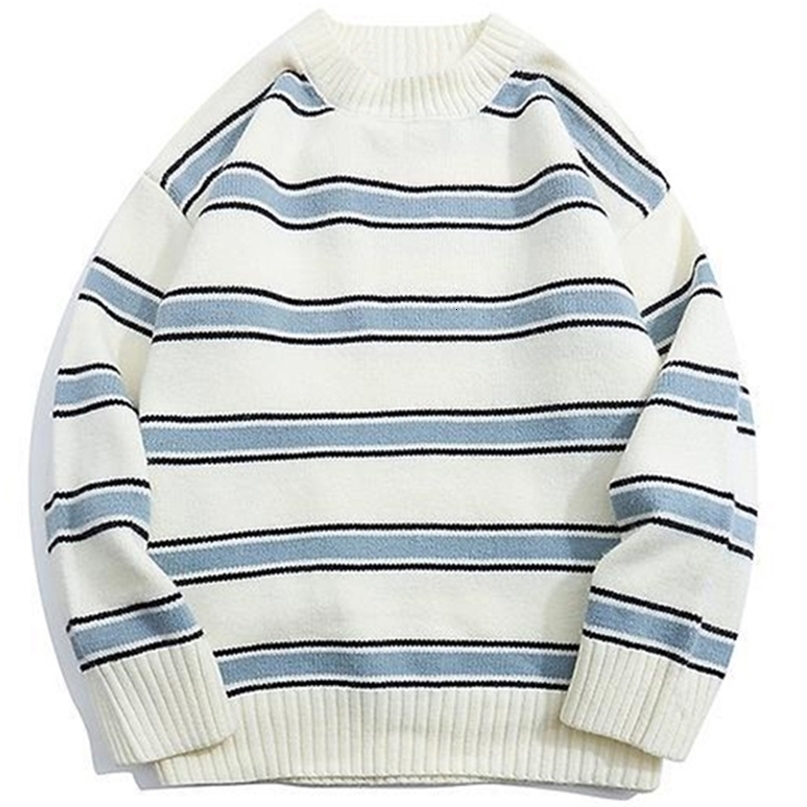 Mens Sweaters Striped Harajuku Oversized Sweater Autumn Japanese Style Round Neck Spliced Color Loose Couples Hip Hop Knitted Sweater 220929