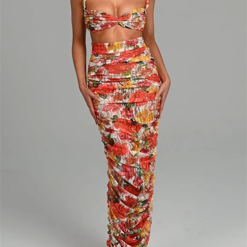 Mozision Women Party Set Strapless Top And Skirt Sets Female Ruched Print Sexy Two Piece Set High Quality Fashion Sexy Skirt Set 240517
