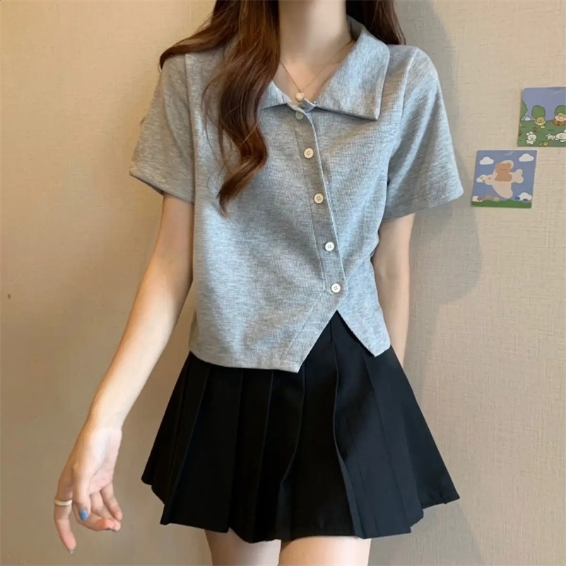 Preppy Style Sweet Summer TShirts Womens Solid Polo Collar Single Breasted Irregular Fashion Casual Slim Short Sleeve Tops 241220Z