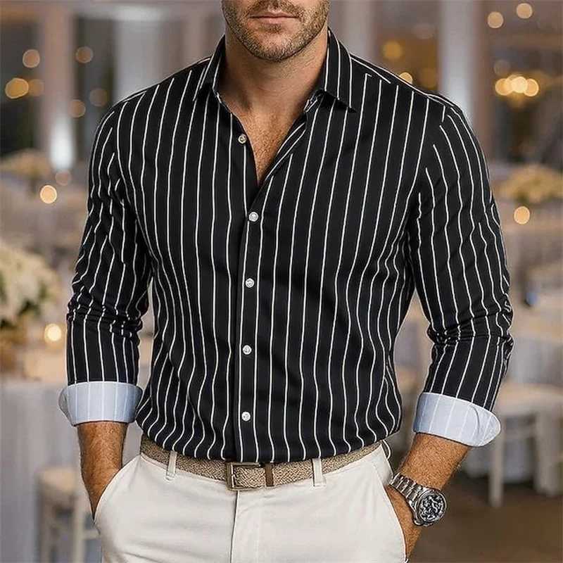 Simple Stripe Print Mens Social Shirt Business Casual Style Lapel Tops Fashion Loose Longsleeved shirt Autumn High Quality Tee X250925