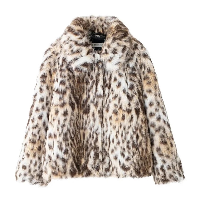 TRAF Womens Fashion Leopard print Artificial Fur Short Jacket 2024 AutumnWinter Plush Stand Collar Splicing Warm 241211Z