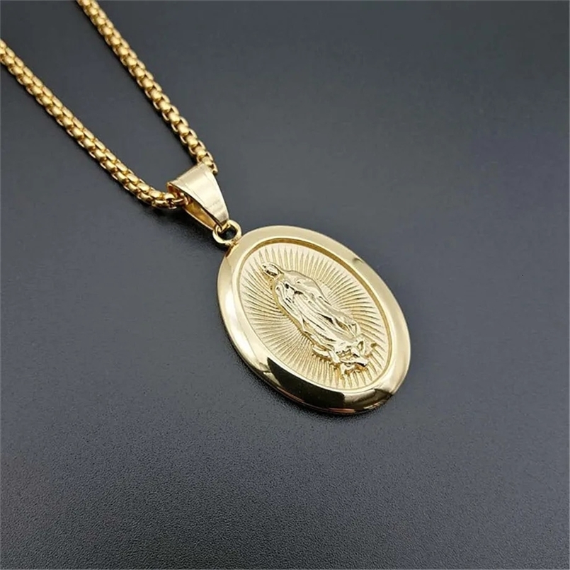 Hip Hop Iced Out Big Virgin Mary Necklaces Pendants Gold Color Stainless Steel Chain For Women Christian Jewelry Madonna T1368 250214