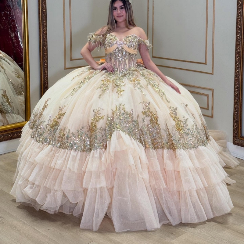 Light Champagne Shiny Quinceanera Dresses Off The Shoulder Gold Applique Lace Beading Crystal Bow Tiered Tull Party Birthday Sweet 16 Dress Vestidos