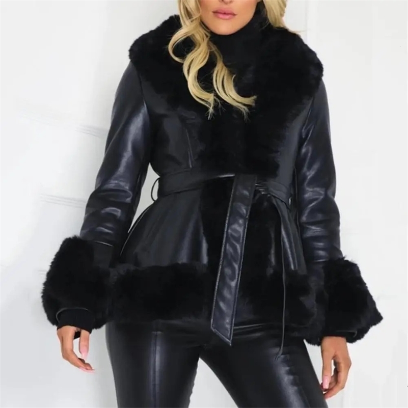 Open sewing pocket long sleeved jacket for womens autumn and winter plush decoration artificial leather 241211Z