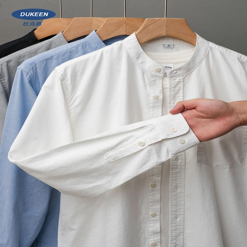 DUKEEN 100% pure cotton Oxford collarless mens shirt for spring and summer casual plain weave long sleeved mens clothing white 250314