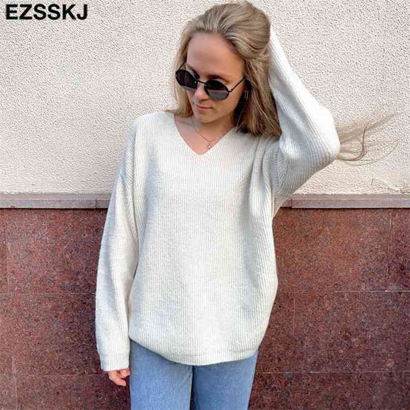 Basic Thick Loose v-neck oversize Sweater Pullover Women Autumn winter Casual long Sleeve Sweater For women Chic Jumpers top 210917