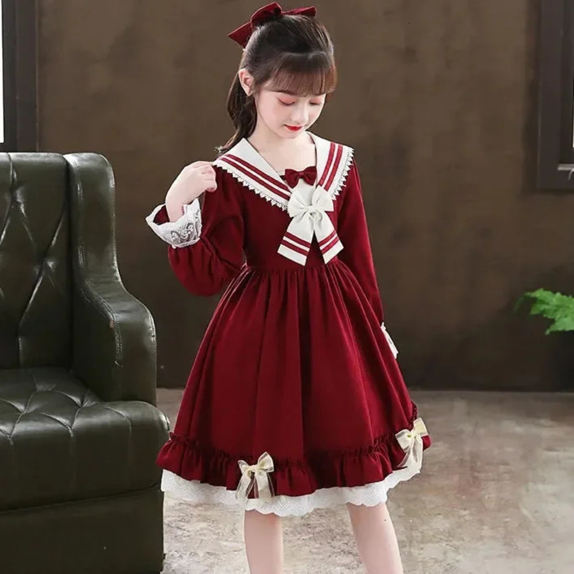 European Winter Autumn Girls Clothing Retro Youth Sailor Lace Collar Bow Uniform Childrens Princess Dress 7 8 9 10 12 241126