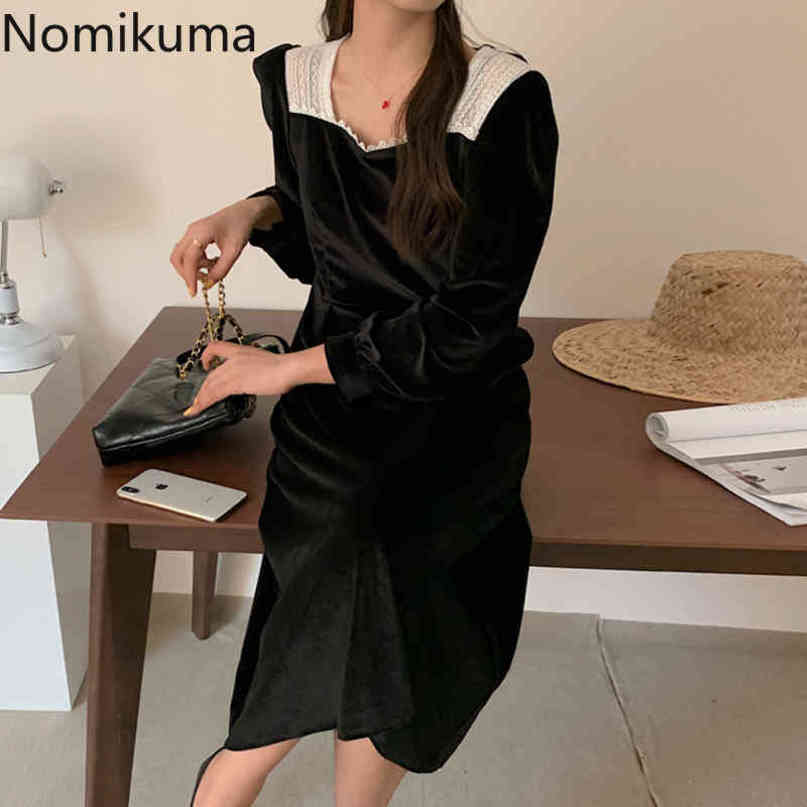 Nomikuma Retro Velour Women Dress Lace Patchwork Square Collar Long Sleeve Dresses Autumn Slim Waist Elegant Vestido 6C061 210427