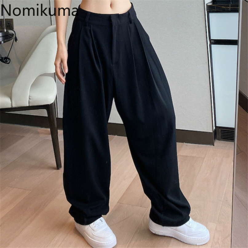Nomikuma New High Waist Long Trousers Autumn Causal Solid Women Pants Pleated Loose Black Pants Mujer Pantalones 6B995 210427