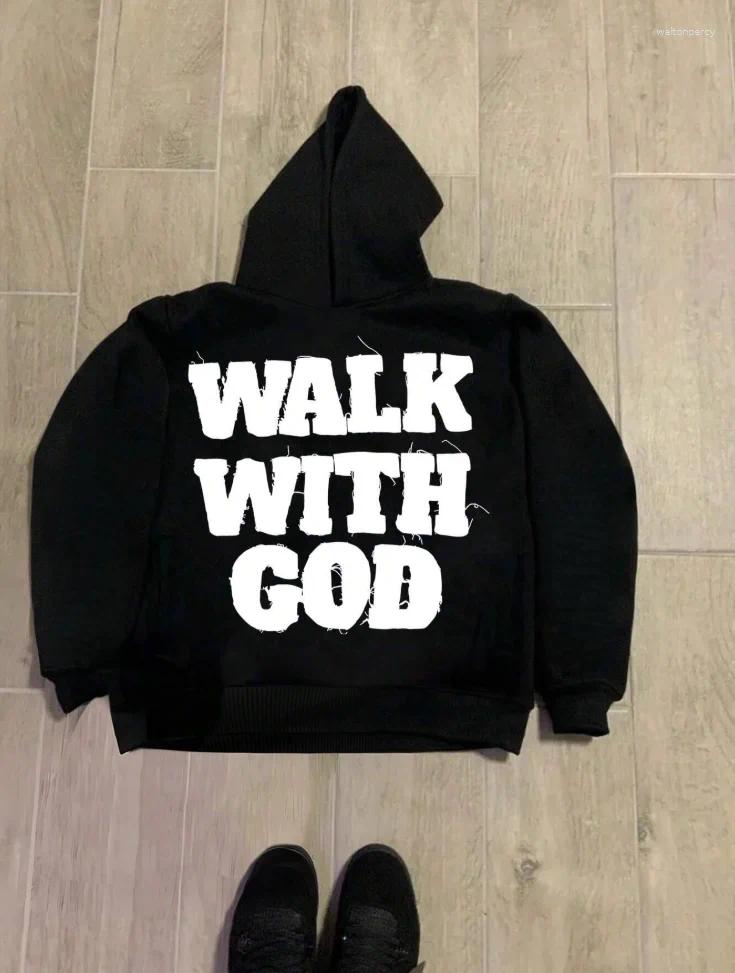Men's Hoodies WALK WITH GOD Printed Fashion Casual Cotton Hoodie Street Vintage Comfortable Loose Unisex Autumn And Winter