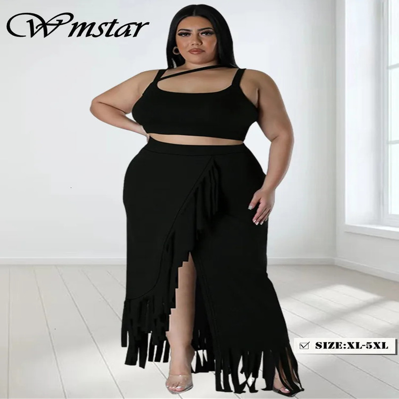 Wmstar Plus Size Two Piece Set Women Summer Sexy Crop Top Long Skirt Sets Tassel Casual Matching Suit Wholesale Drop 240704