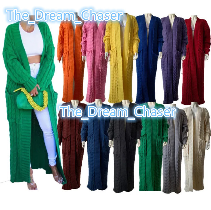 Womens Plus Size Simple Long Cardigan Solid Color Loose Knit Sweater With Pockets Casual Embroidered Print for FallWinter