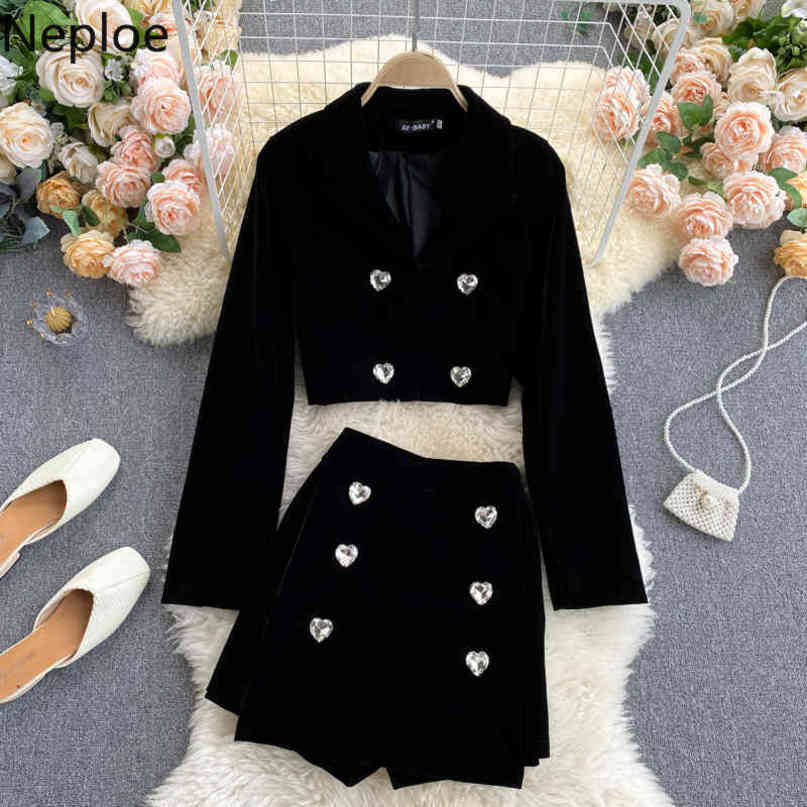 Neploe Temperament Black Suit Two Piece Outfits Women Elegant Coat Tops Double-breasted Slim Short Pants Ropa Mujer 2 Piece Set 210422