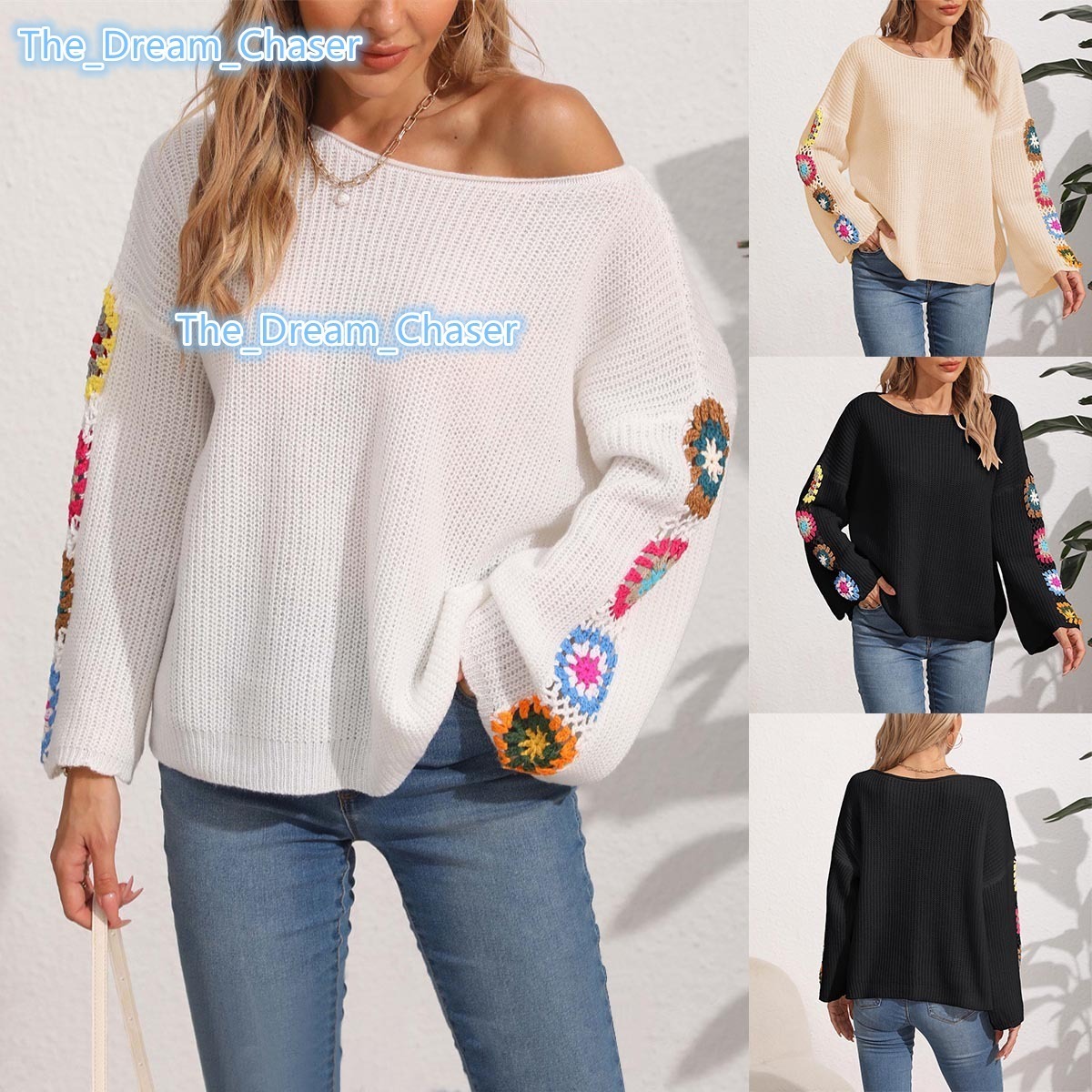 2024 Autumn Winter New Womens Round Neck Pullover Sweater Random Mixed Color Hand Crochet Patchwork Sweater