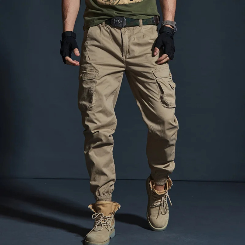 High quality khaki casual pants for men tactical runners camouflage cargo multi pocket fashionable black army soldier workwear 240816