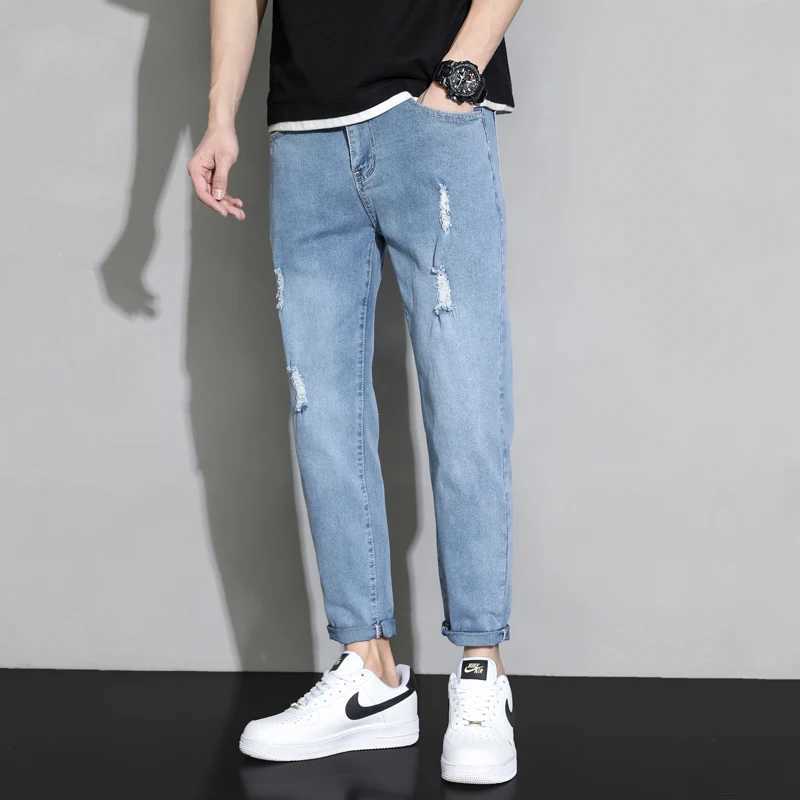 NASA GISS 2024 New Summer Mens Fashion Thin Versatile Trendy Jeans Mens Straight Loose Style Embroidered Elastic 9point Casua W250925