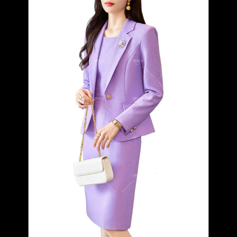 High Quality Autumn Winter Office Ladies Skirt Suit Blazer Black Purple Green Women Business Work Wear Formal Two Piece Set 240704