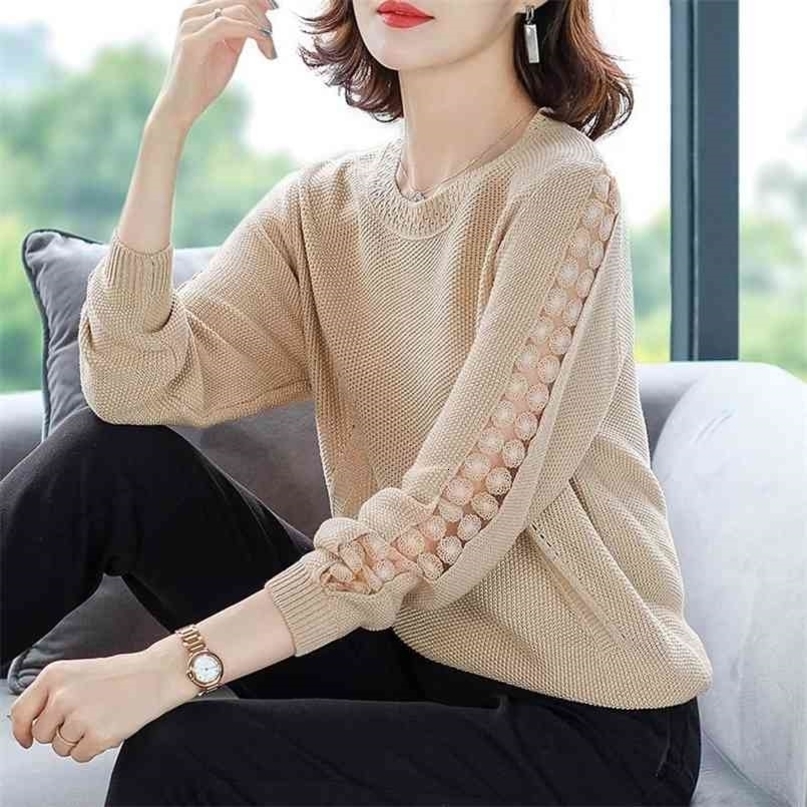 Stitching Lace Base Knitted Sweater Women Flowers Hollow Loose Round Neck Solid Color Casual Jumpers Female Spring 210917