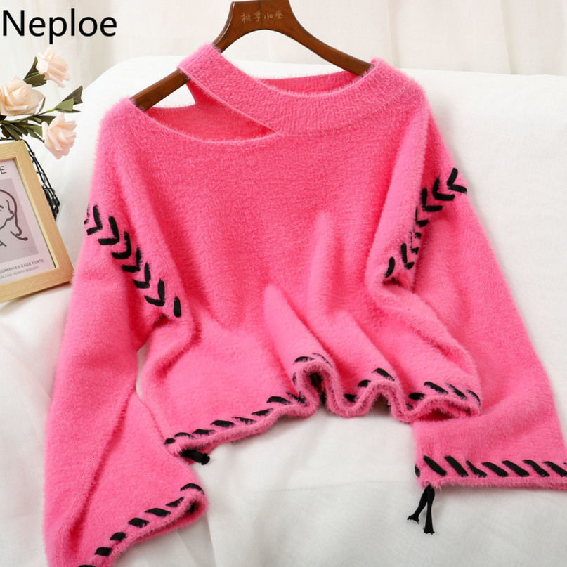 Neploe Knitted Cropprd Pullovers Hollow Out Off Shoulder Sweaters for Women Fall Clothes Korean Fashion Jumper Pull Femme 4G908 210422