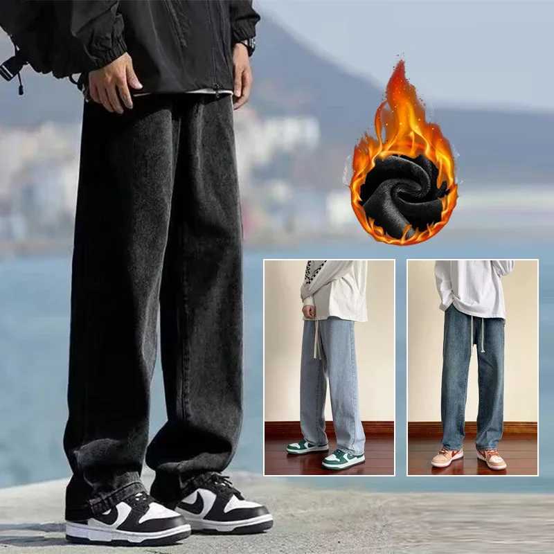 2025 New Men Autumn Winter Warm Casual Jeans Male Fleece Lined Thickened Denim Pants Elastic Waistband Loose Straight Trousers W250925
