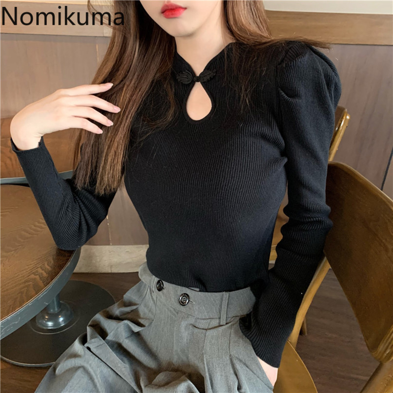 Nomikuma Vintage Button Hollow-out Baisc Knitwear Autumn Winter Women Knitted Tops Korean Solid Slim Pullover Pull 6D168 210427