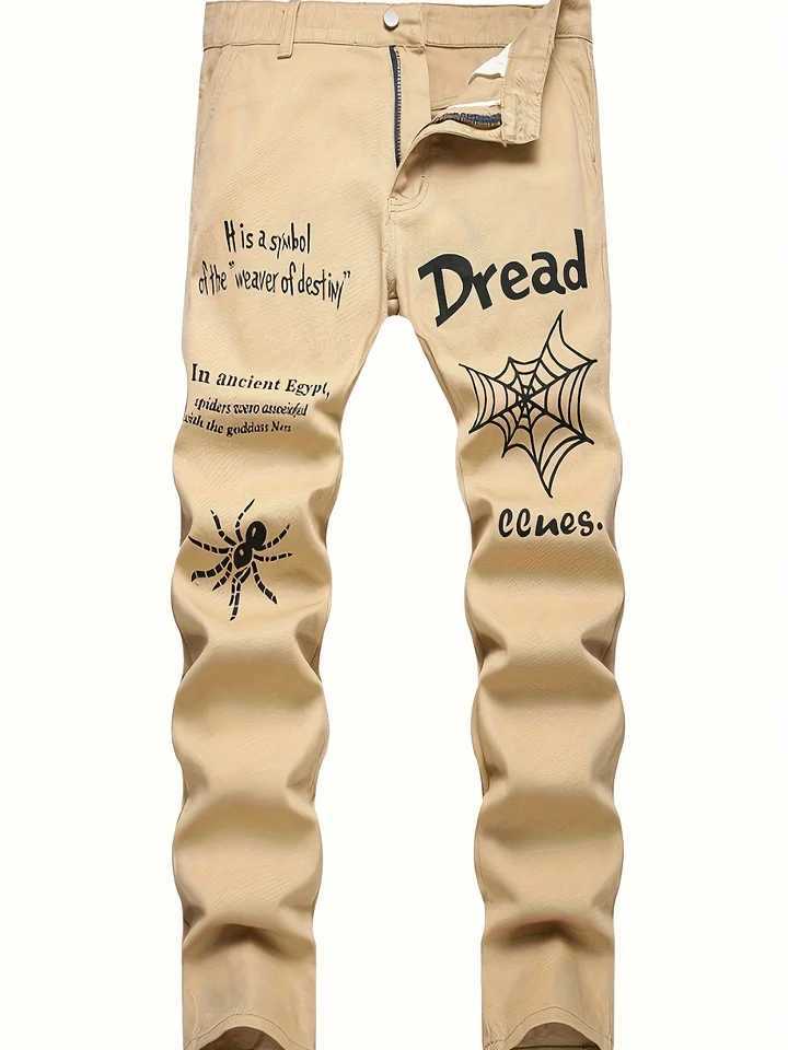 Mens casual spider web and slogan pattern straight leg jeans W250925