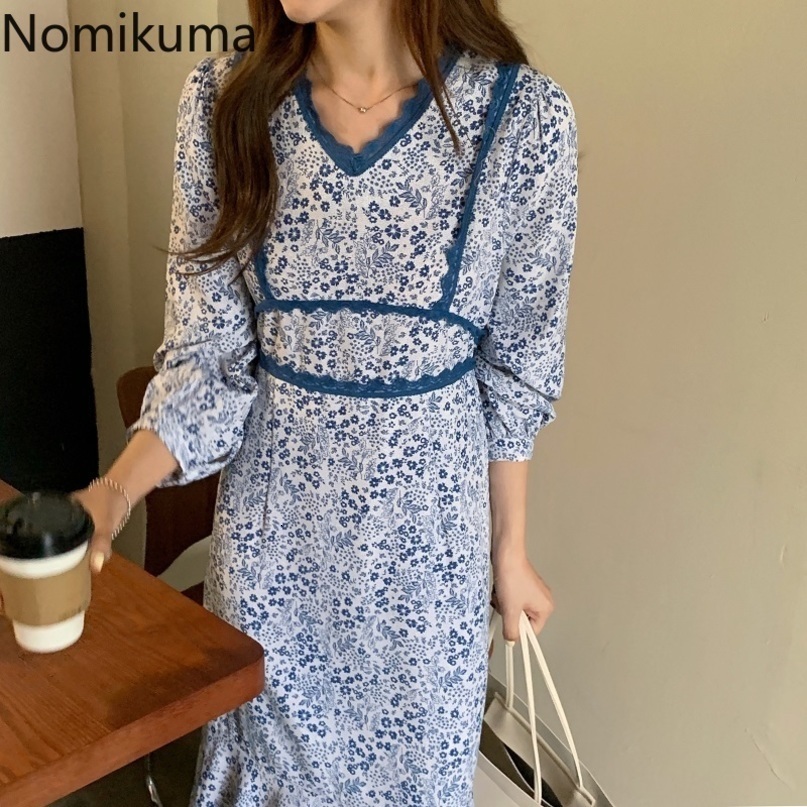 Nomikuma Elegant Floral Woman Mermaid Dress Lace Patchwork V-neck Long Sleeve Dresses Spring New Vestido Feminimo 6F785 210427