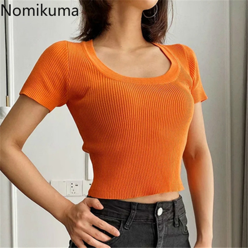 Nomikuma Spring Summer Knitted Short Sleeve T Shirts Korean Solid Slim Crop Top Tees Causal Sexy Women Graphic Shirt 6E155 210427
