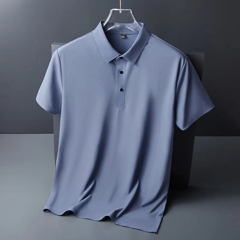 High quality wrinkle resistant ice silk short sleeve tshirt mens summer Lapel loose casual solid color top highend polo men 240601