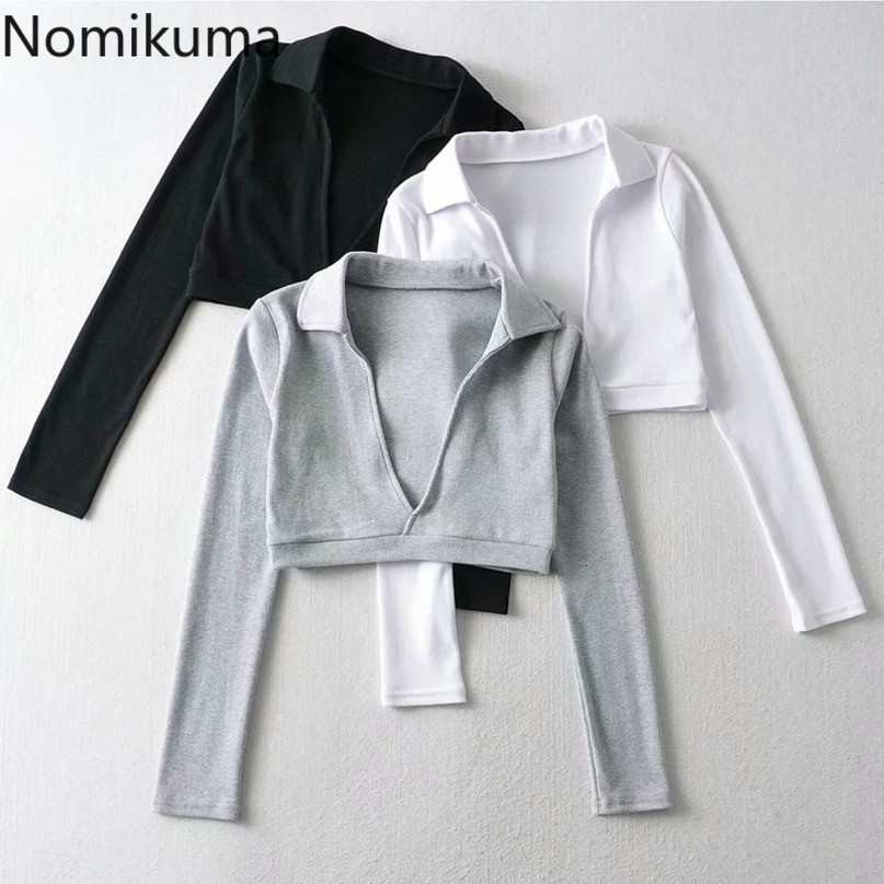 Nomikuma Sexy Deep V-neck Graphic Tees Women Long Sleeve Slim T-shirt Spring High Waist Crop Top T Shirts Feminimos 6F338 210427