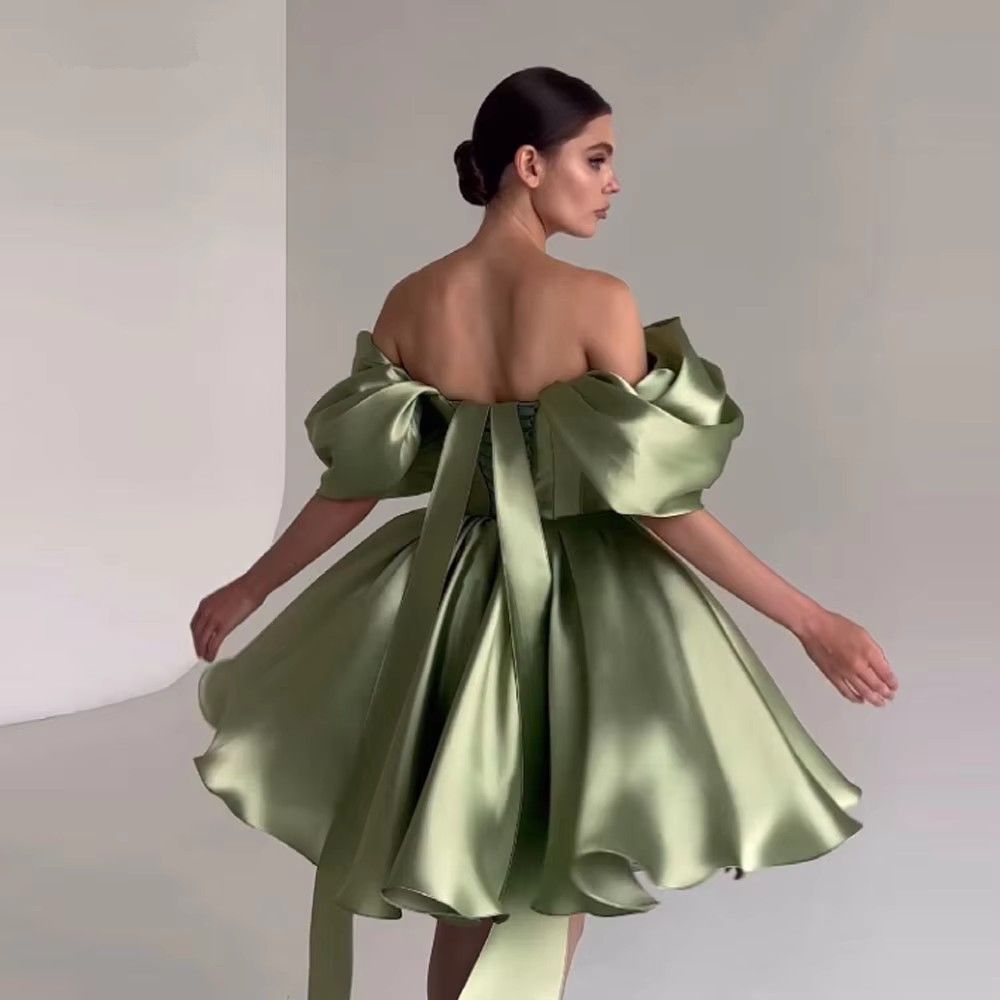 Green Mini Ball Gown Off the Shoulder Short Prom Party Dress A-line Draped Above Knee Homecoming Evening Dresses Custom Made Lace-up 0925