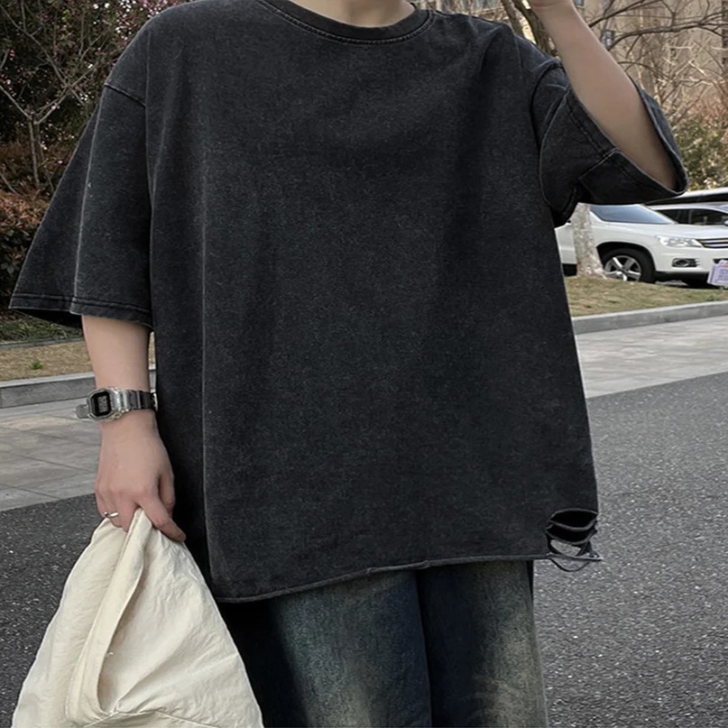 Summer Mens Tshirts 260G Thick Cotton Oversized Tee Y2K Retro Streetwear Unisex Tops Big Size Distreessed Loose Ripped 240619