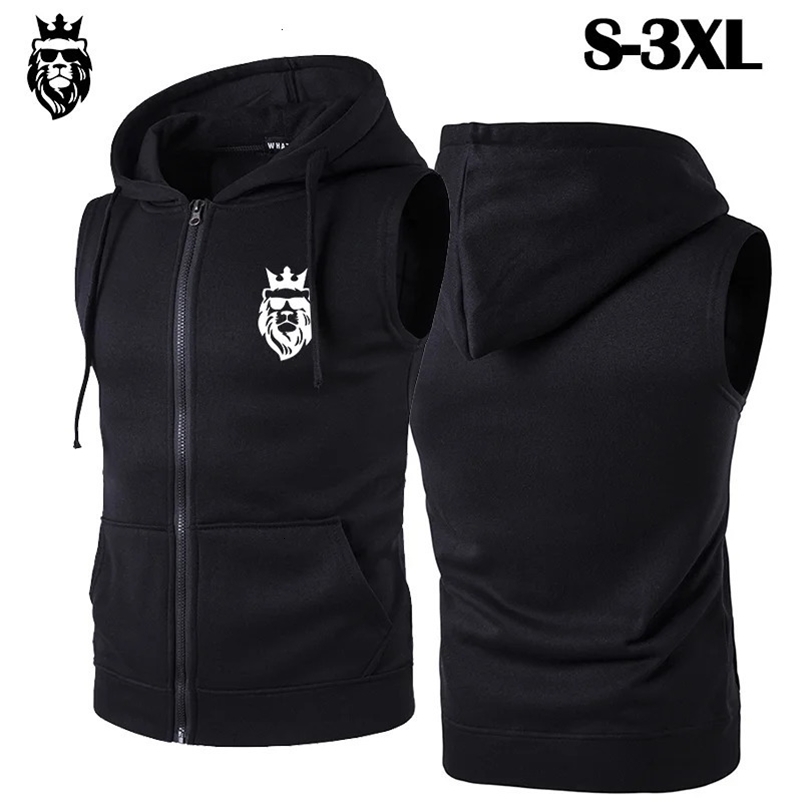 Autumn Mens Casual Hoodie Coat Sleeveless Top Lion Print Tank Top Fashion Hoodie Vest for Men Sweatshirt Coat 240518