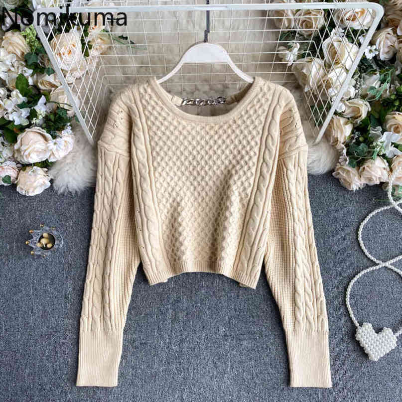 Nomikuma Korean Causal O-neck Short Twist Sweater Chain Hollow-out Long Sleeve Knitted Women Pullover New Pull Femme 6D031 210427