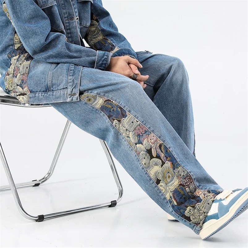 Mens Jeans Baggy Bear Printed Wide Leg Pants Mens Hip Hop Street Loose Denim Pants Elastic Waist Lace Up Casual Pants 240318