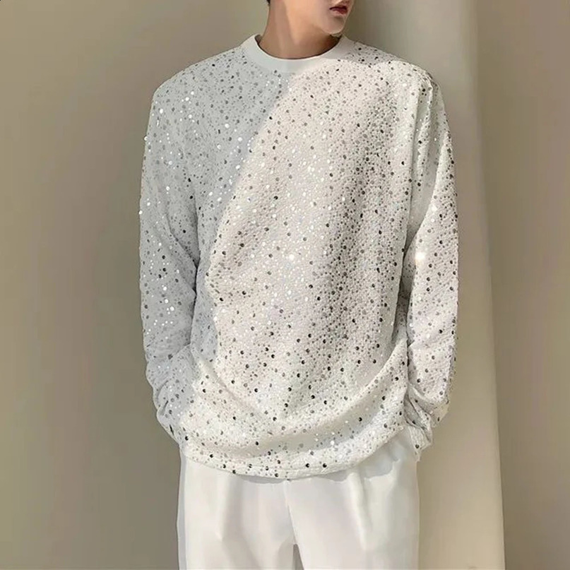 Mens autumn Y2k sequin Korean style loose long sleeved Tshirt genderless nightclub personalized fashion top unisex 240822