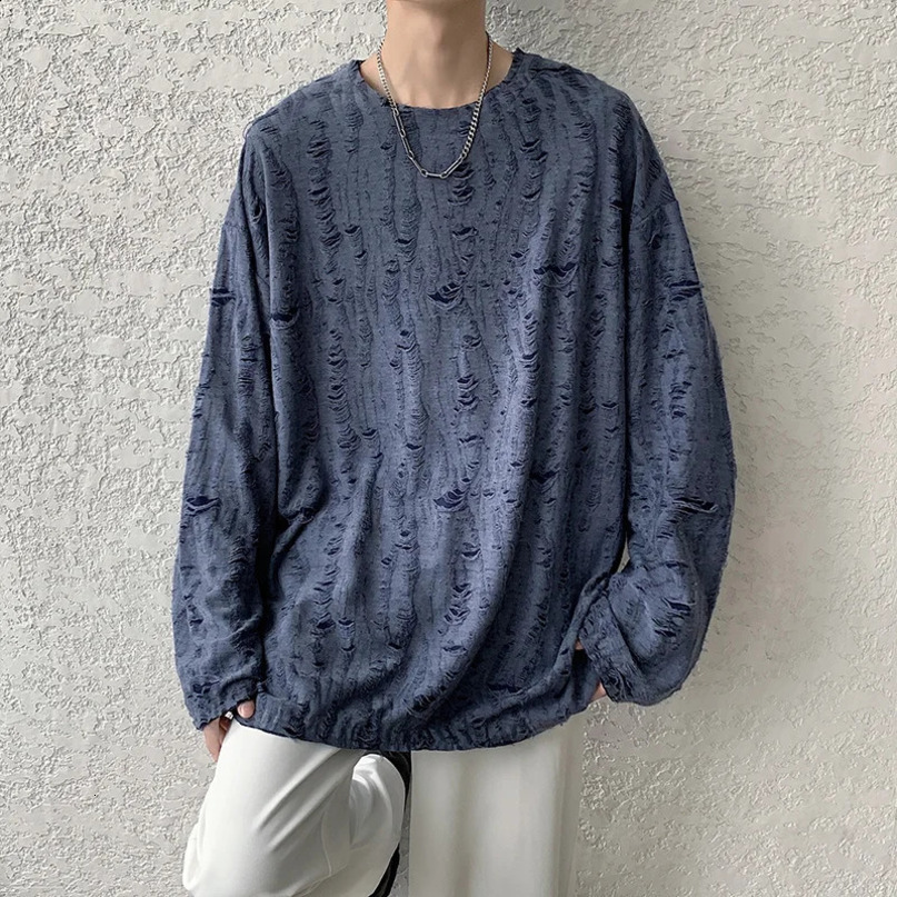 Spring and summer mens hole Tshirt Harajuku hiphop long sleeved oversized Korean fashion top plus size 3XL 240815