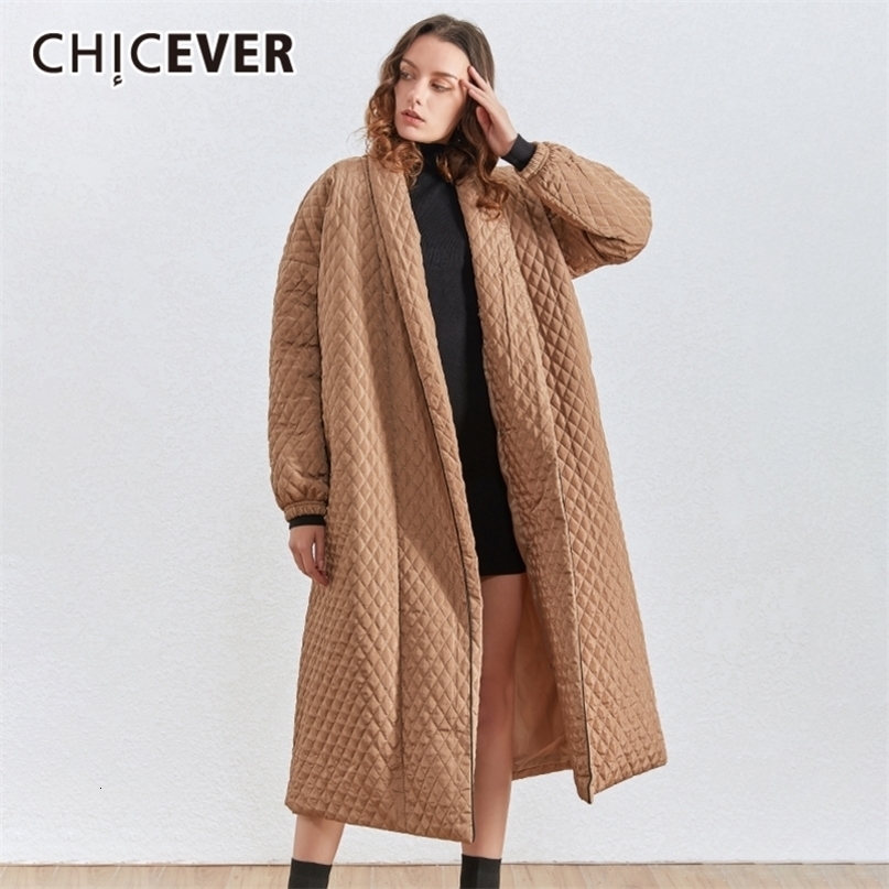 CHICEVER Korean Plaid Cotton Coat For Women Lapel Collar Lantern Sleeve Oversize Loose Casual Long Female Parkas Winter New 201217