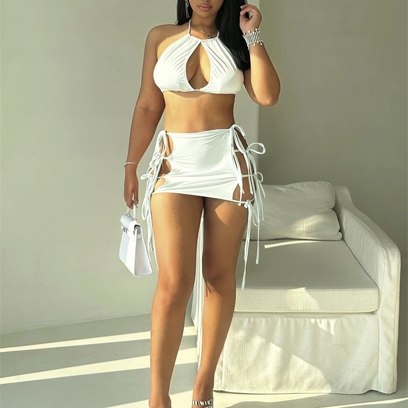 Womens sexy two-piece set with lace up off the shoulder and navel top strap up mini skirt 250610